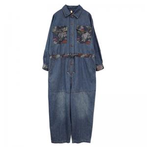 Printed Pockets Tied Jean Jumpsuits Stone Wash Camo Jumpsuits