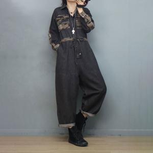 Printed Pockets Tied Jean Jumpsuits Stone Wash Camo Jumpsuits