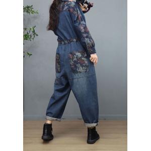 Printed Pockets Tied Jean Jumpsuits Stone Wash Camo Jumpsuits