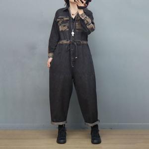 Printed Pockets Tied Jean Jumpsuits Stone Wash Camo Jumpsuits