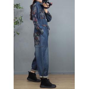 Printed Pockets Tied Jean Jumpsuits Stone Wash Camo Jumpsuits
