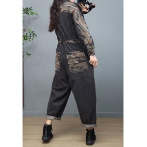 Printed Pockets Tied Jean Jumpsuits Stone Wash Camo Jumpsuits