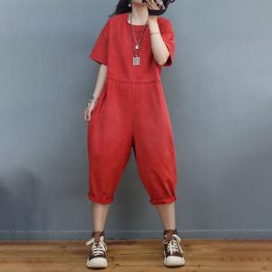 Cotton Short Sleeves Jumpsuits Solid Colors Casual Jumpsuits