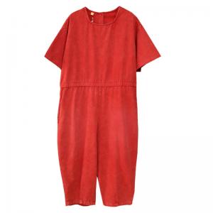 Cotton Short Sleeves Jumpsuits Solid Colors Casual Jumpsuits