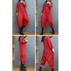 Pure Colors Cotton Jumpsuits Long Sleeves Cropped Jumpsuits