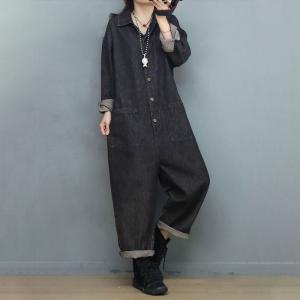 Button Fly Denim Working Jumpsuits Womens Baggy Coveralls