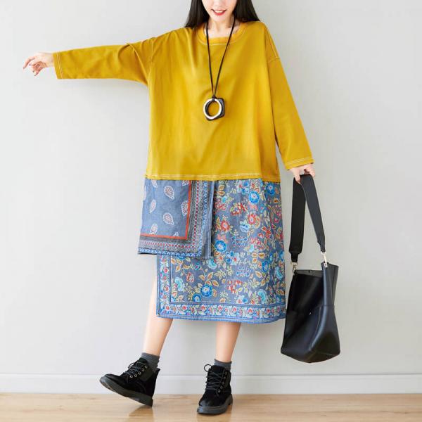 Totem Flowers Asymmetrical Sweatshirt Dress Side Slit Cotton Dress