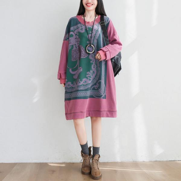 Artistic Patterned Sweatshirt Dress Large Fleeced Hoodless Dress