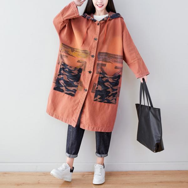 Camo Pockets Hooded Coat Womens Plus Size Pop Trench Coat