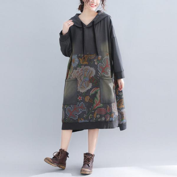 Dense Flowers Fleeced Hooded Dress Cotton Knee Length Dress