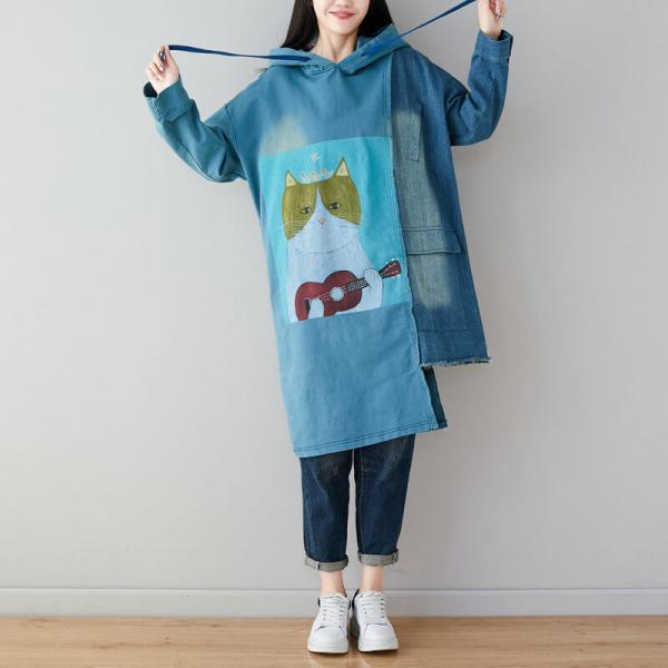 Denim Splicing Cat Hoodie Asymmetrical Fringed Designer Pullover