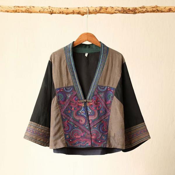 Multi-Colored Linen Jacket Embroidery Chinese Coat in Coffee One Size ...