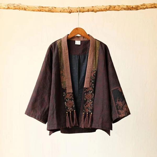 Folk Style Embroidery Short Kimono Linen Tassel Jacket