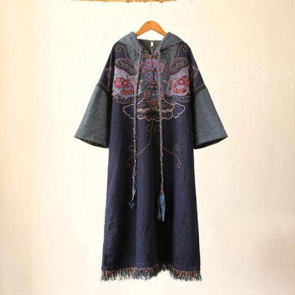 Frog Buttons Embroidered Dress Linen Fringed Hooded Dress