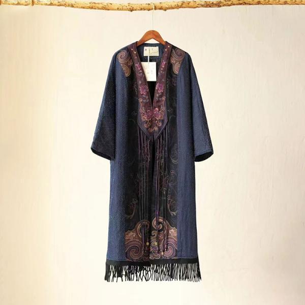 Flowers Embroidery Linen Dress Tassel Quilted Caftan Dress