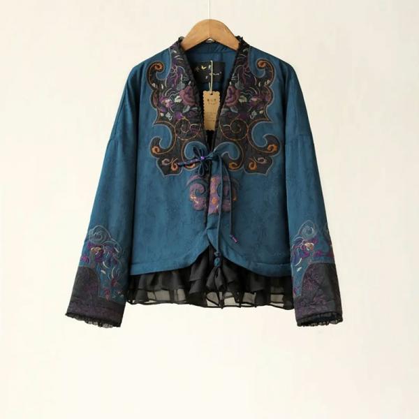 Flouncing Hem Blue Embroidery Jacket Pankou Chinese Coat