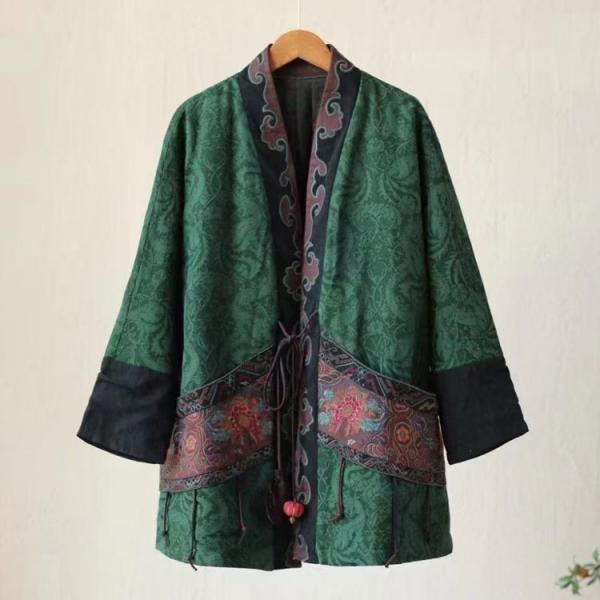 Designer Jacquard Embroidered Jacket Green Belted Puffer Coat