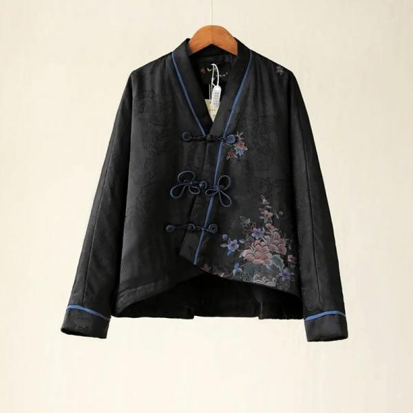 Pankou Button Black Jacket Designer Jacquard  Embroidery Coat