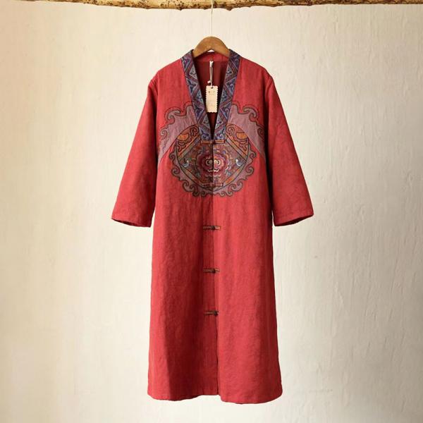 Cheongsam-Like Embroidery Coat Jacquard Linen Outfits