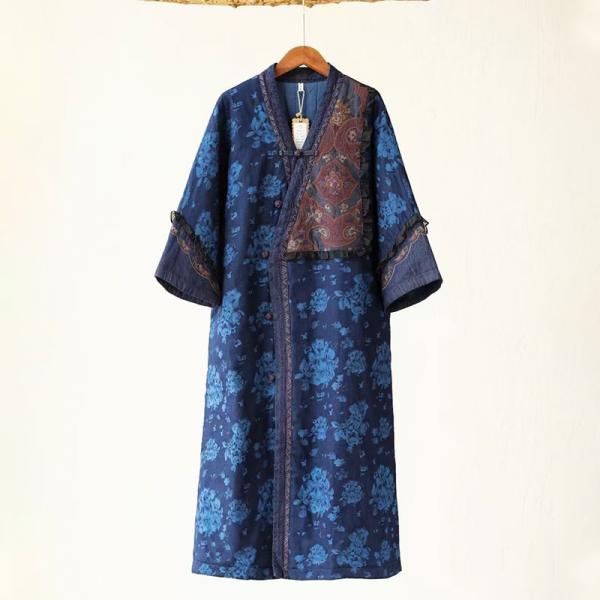 Flowers Printed Blue Shift Coat Flouncing Sleeves Embroidery Coat