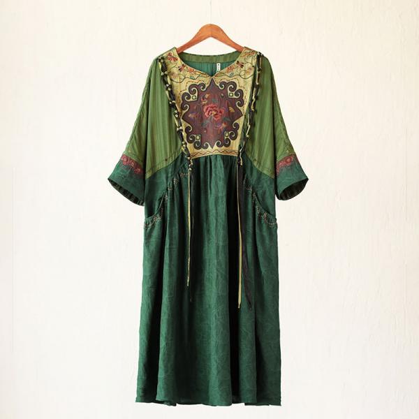 Exquisite Embroidery Green Dress Jacquard Chinese Kimono Dress
