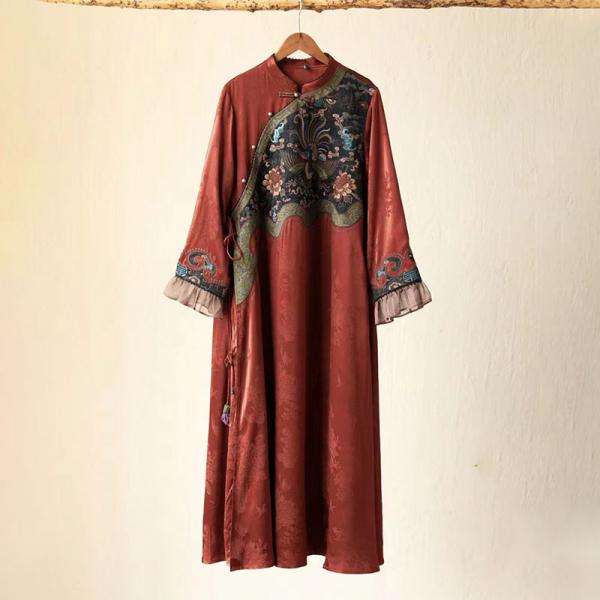 Flouncing Sleeves Embroidery Qipao Designer Silky Vintage Dress