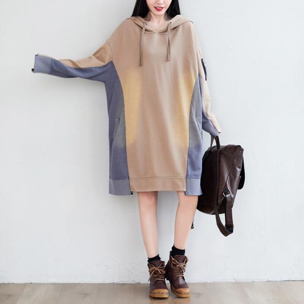 Bicolor Cotton Hooded Dress Plus Size Midi City Wear