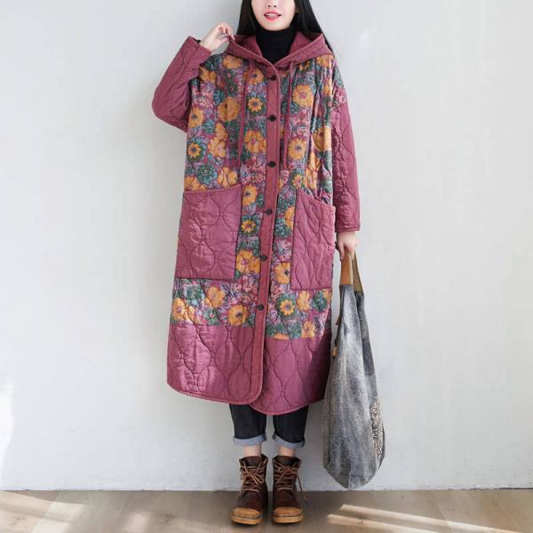 Yellow Flowers Winter Hooded Coat Plus Size Quilted Long Coat