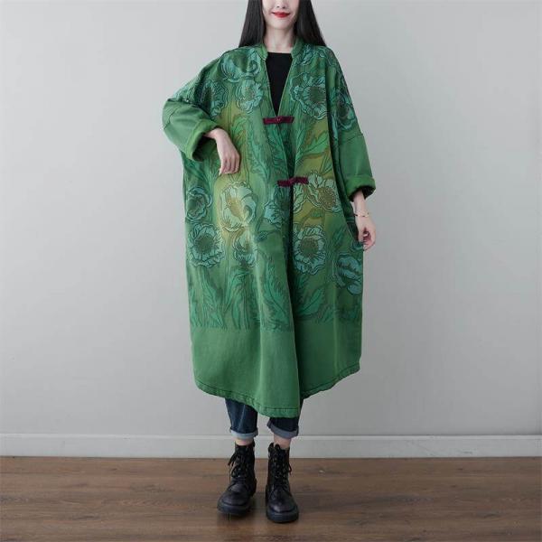 Chinese Button Printed Coat Plus Size Blanket Coat