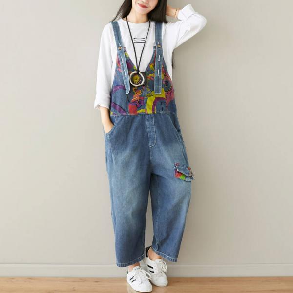 V-Neck Printed Jean Overalls Loose Wide Leg Overalls