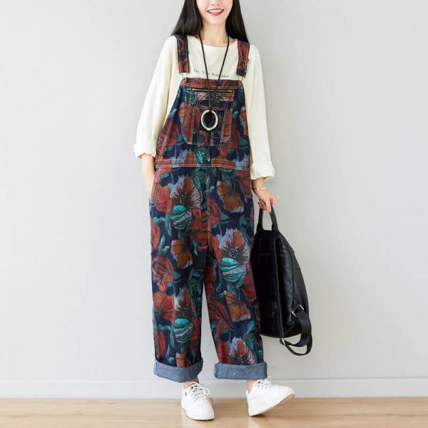 Colorful Printed Adjustable Straps Overalls Denim Baggy Dungarees