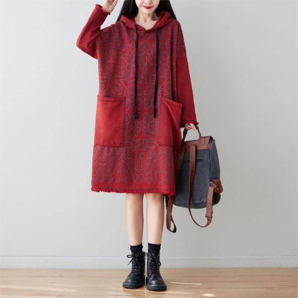 Front Pockets Printed Hooded Dress Cotton Fringed Knee Length Dress