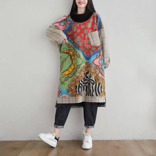 Abstract Patterned Sweatshirt Dress High Collar Fleeced Dress