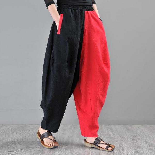 Red Contrast Cotton Linen Pants Designer Hippie Baggy Pants