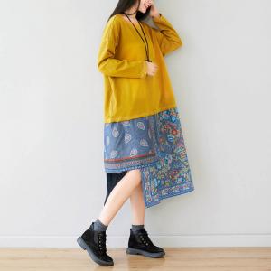 Totem Flowers Asymmetrical Sweatshirt Dress Side Slit Cotton Dress