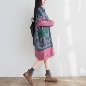 Artistic Patterned Sweatshirt Dress Large Fleeced Hoodless Dress