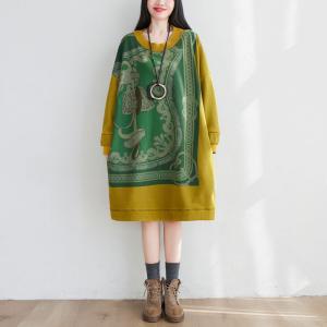 Artistic Patterned Sweatshirt Dress Large Fleeced Hoodless Dress