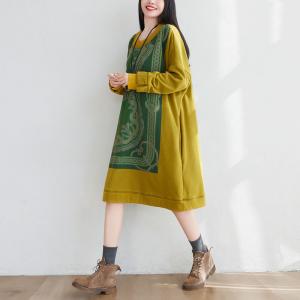 Artistic Patterned Sweatshirt Dress Large Fleeced Hoodless Dress