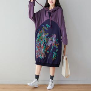 Lily Flowers Loose Cotton Dress Mid-Calf Hooded Dress