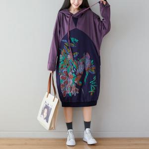 Lily Flowers Loose Cotton Dress Mid-Calf Hooded Dress