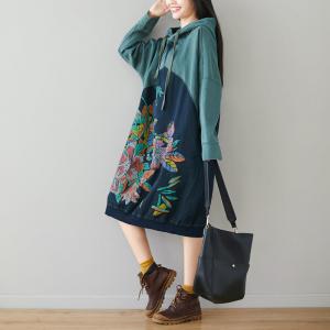 Lily Flowers Loose Cotton Dress Mid-Calf Hooded Dress