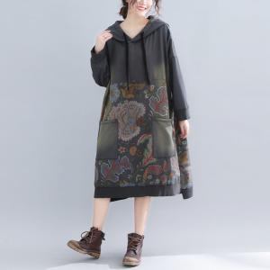 Dense Flowers Fleeced Hooded Dress Cotton Knee Length Dress
