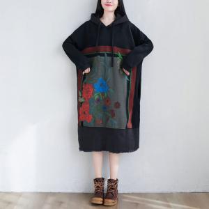 Raw Hem Gray Hooded Dress Cotton Printed Fringed Dress