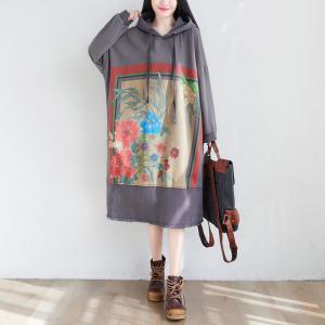 Raw Hem Gray Hooded Dress Cotton Printed Fringed Dress