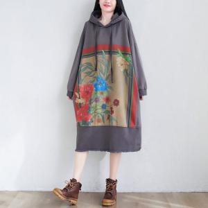 Raw Hem Gray Hooded Dress Cotton Printed Fringed Dress