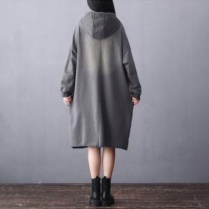 Raw Hem Gray Hooded Dress Cotton Printed Fringed Dress