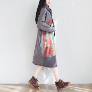 Raw Hem Gray Hooded Dress Cotton Printed Fringed Dress