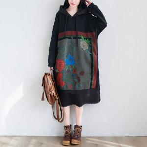 Raw Hem Gray Hooded Dress Cotton Printed Fringed Dress