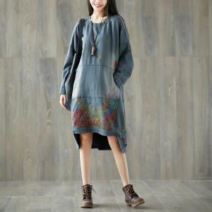 Crew Neck Asymmetrical Dress Cotton Floral Hoodeless Dress