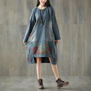 Crew Neck Asymmetrical Dress Cotton Floral Hoodeless Dress